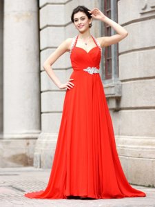 Edgy Column/Sheath Sleeveless Red Prom Gown Brush Train Zipper