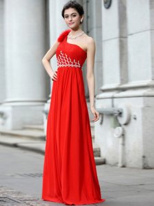 Extravagant Red Chiffon Zipper One Shoulder Sleeveless Floor Length Prom Dress Beading and Ruching