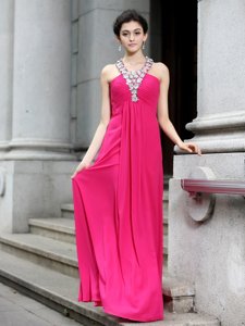 Hot Pink Sleeveless Floor Length Beading and Ruching Criss Cross Formal Dresses