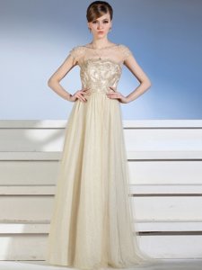 Modest Floor Length Champagne Prom Dresses Bateau Sleeveless Side Zipper