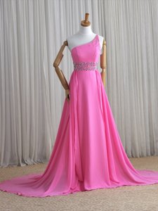 Romantic One Shoulder Rose Pink Chiffon Lace Up Prom Evening Gown Sleeveless Brush Train Beading