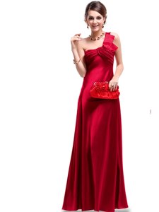 Delicate One Shoulder Floor Length Red Prom Party Dress Satin Sleeveless Ruching