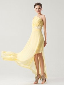 Shining One Shoulder Sleeveless Casual Dresses Ankle Length Beading and Ruching Light Yellow Chiffon