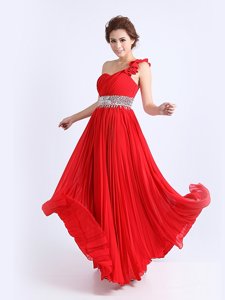 One Shoulder Sleeveless Chiffon Floor Length Zipper Prom Gown in Red for with Beading and Ruching and Pleated
