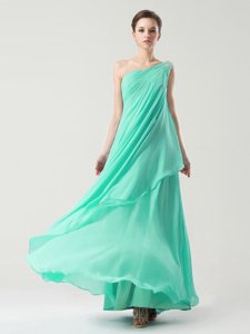Fine One Shoulder Turquoise Sleeveless Beading and Ruching Ankle Length
