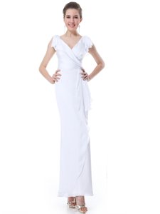 Perfect White Zipper Dress for Prom Ruffles Cap Sleeves Floor Length