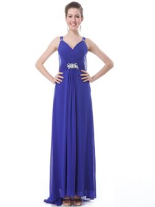Fashionable Blue Sleeveless Brush Train Beading and Ruching With Train Prom Party Dress