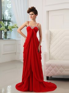 Dramatic Red Prom and Party and For with Beading and Ruching Spaghetti Straps Sleeveless Brush Train Zipper