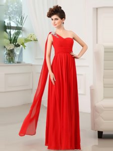 Nice One Shoulder Floor Length Red Prom Party Dress Chiffon Sleeveless Beading and Sashes|ribbons and Ruching