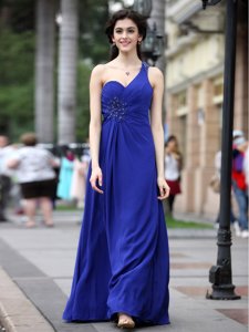 Sweet One Shoulder Royal Blue Column/Sheath Beading and Ruching Prom Dresses Side Zipper Chiffon Sleeveless Floor Length