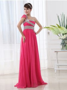 Simple Rose Pink Side Zipper One Shoulder Beading and Ruching Chiffon Cap Sleeves Brush Train