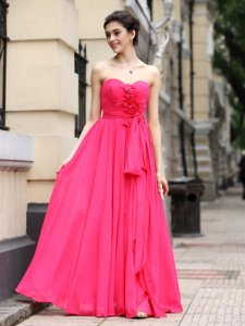Beauteous Rose Pink Sweetheart Neckline Sashes|ribbons and Ruching and Hand Made Flower Evening Dress Sleeveless Zipper