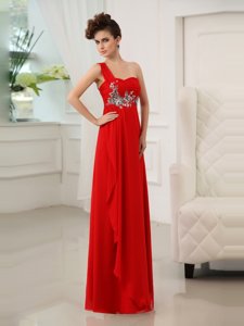 Gorgeous Red One Shoulder Neckline Beading and Appliques and Ruching Homecoming Dress Sleeveless Zipper