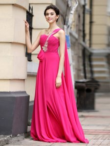 Charming One Shoulder With Train Column/Sheath Sleeveless Hot Pink Prom Dresses Brush Train Zipper