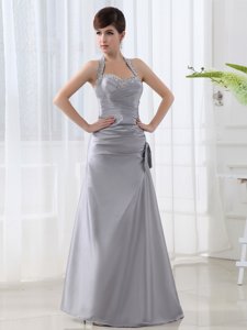 Deluxe Halter Top Sleeveless Lace Up Prom Evening Gown Silver Satin