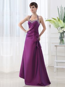 Best Selling Halter Top Sleeveless Satin Prom Gown Beading and Ruching Lace Up