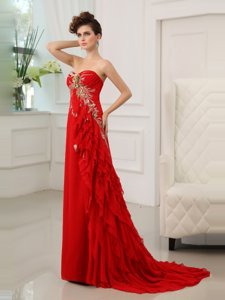 Custom Designed Red Sweetheart Zipper Beading and Appliques and Ruffled Layers Prom Dress Brush Train Sleeveless