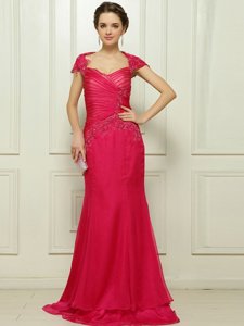 Admirable Coral Red Cap Sleeves Chiffon Sweep Train Backless Dress for Prom for Prom and Party