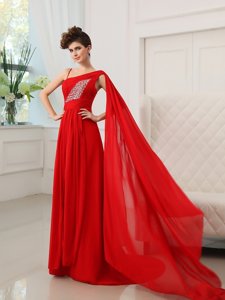 Deluxe Chiffon One Shoulder Sleeveless Court Train Zipper Beading and Ruching Prom Gown in Red