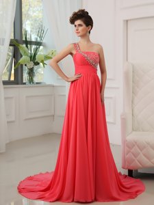 Unique One Shoulder Watermelon Red Sleeveless Chiffon Brush Train Zipper for Prom and Party