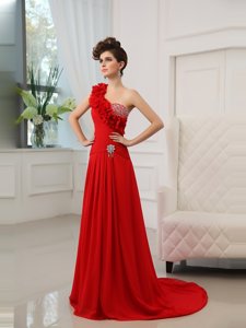 Captivating One Shoulder Satin Sleeveless With Train Evening Dress Court Train and Beading and Hand Made Flower