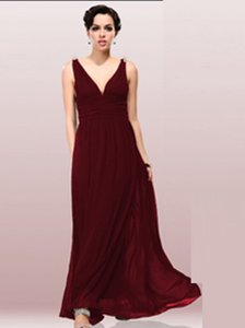Custom Design Coral Red Empire V-neck Sleeveless Chiffon Floor Length Zipper Ruching Oscars Dresses