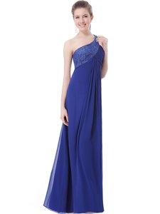 Sexy One Shoulder Floor Length Blue Prom Dresses Chiffon Sleeveless Beading