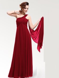 Empire Homecoming Dress Wine Red One Shoulder Chiffon Sleeveless Floor Length Zipper