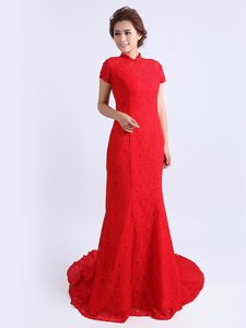 Eye-catching Red Column/Sheath Lace Military Ball Dresses Backless Lace Cap Sleeves With Train
