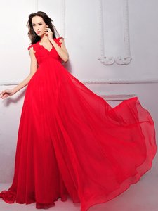 Trendy V-neck Sleeveless Prom Dresses Floor Length Lace Coral Red Chiffon
