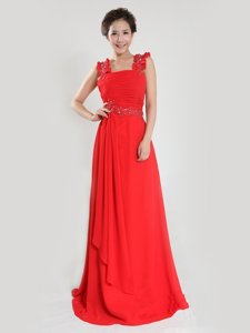 Beading and Ruching Homecoming Dress Coral Red Zipper Sleeveless Floor Length