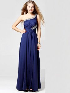 Deluxe One Shoulder Ankle Length Column/Sheath Sleeveless Navy Blue Prom Gown Side Zipper