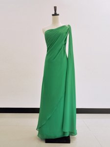 New Arrival One Shoulder Green Long Sleeves Floor Length Ruching Zipper Homecoming Dress
