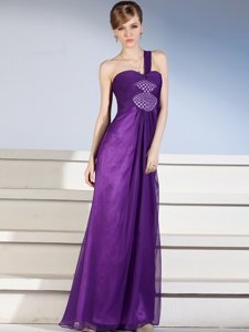Customized One Shoulder Sleeveless Prom Dress Floor Length Ruching and Bowknot Purple Chiffon