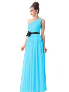 High Class Aqua Blue Column/Sheath One Shoulder Sleeveless Chiffon Floor Length Side Zipper Beading and Ruching and Belt Prom Party Dress