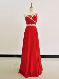 Latest One Shoulder Red Sleeveless Chiffon Zipper for Prom