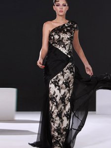 Designer One Shoulder With Train Side Zipper Prom Party Dress Black and In for Prom and Party with Lace Brush Train