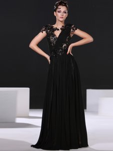 Charming Scoop Black Cap Sleeves Lace Floor Length Mother Of The Bride Dress