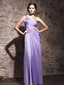 Modest Lavender One Shoulder Neckline Beading and Ruching Prom Evening Gown Sleeveless Side Zipper