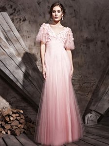 Best Half Sleeves Chiffon Floor Length Zipper Military Ball Gown in Baby Pink for with Lace and Appliques