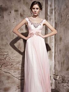Edgy Scoop Baby Pink Backless Prom Gown Beading Sleeveless Floor Length