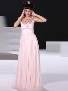 Delicate Sleeveless Chiffon Floor Length Zipper Dress for Prom in Baby Pink for with Beading
