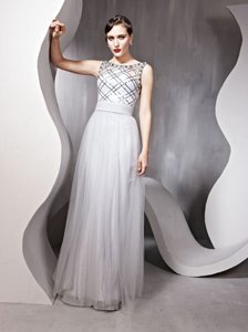 Inexpensive Scoop Silver Sleeveless Chiffon Zipper Prom Dress for Prom and Party