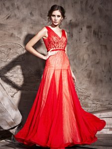 Deluxe Floor Length Red Pageant Dress Wholesale Straps Sleeveless Zipper