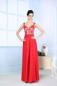 Modern Watermelon Red Chiffon Zipper Straps Sleeveless Floor Length Prom Dresses Lace