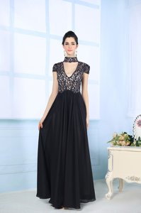 Fashionable Black Column/Sheath High-neck Short Sleeves Chiffon Floor Length Zipper Beading and Lace Prom Gown