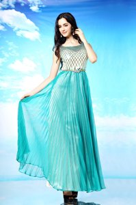 Sexy Turquoise Side Zipper Scoop Pleated Prom Dresses Chiffon Sleeveless
