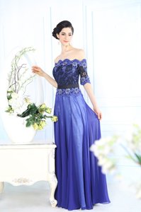 Most Popular Scalloped Chiffon Half Sleeves Floor Length Prom Party Dress and Beading and Appliques
