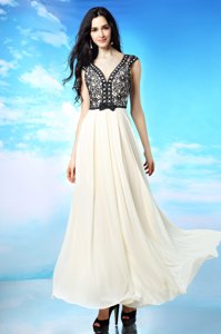 Simple White And Black Prom Dresses Prom and Party and For with Appliques and Bowknot V-neck Cap Sleeves Side Zipper
