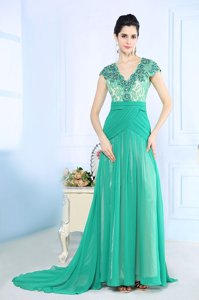 Nice With Train Turquoise Prom Gown Chiffon Brush Train Cap Sleeves Beading and Lace and Ruching